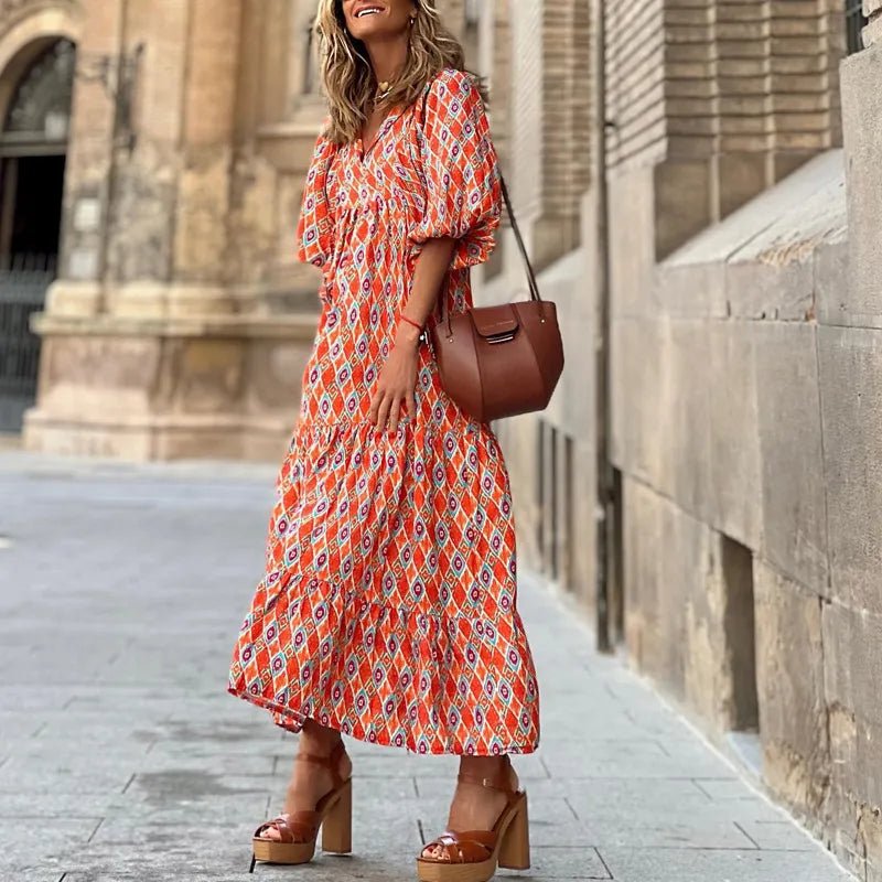 Ava Orange V-Neck Midi Dress