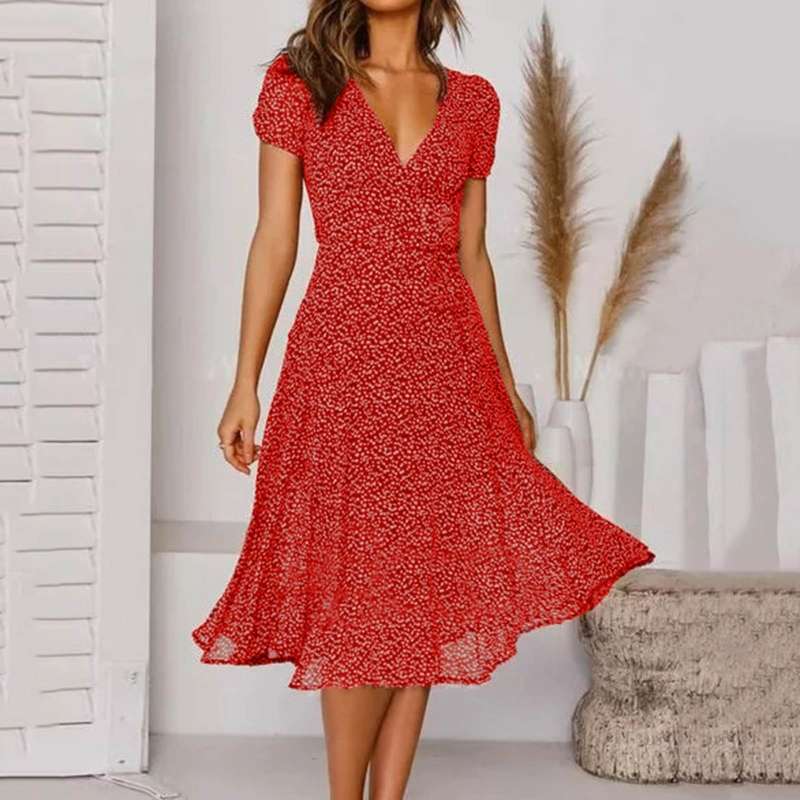A-line swing dress, V-neck and swing hemline