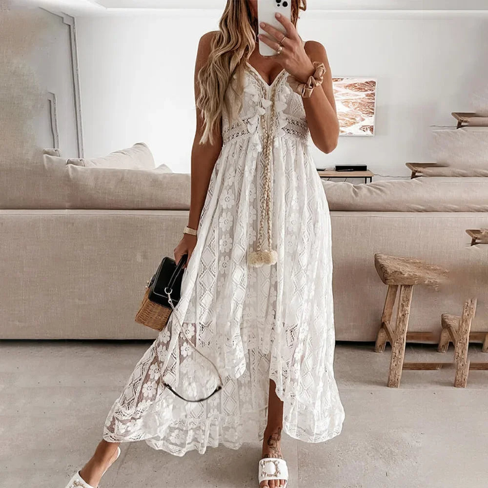 Boho Chic Tassel Trim Lace Dress