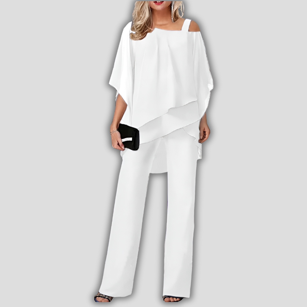 Chic 2 Piece Ruffled Pantsuit with Flowy Cape Top