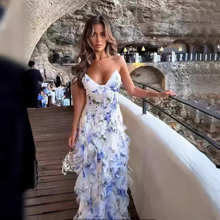 Women's Elegant Maxi Dress with Flowers and Ruffles – Perfect for Special Occasions and Evening Events