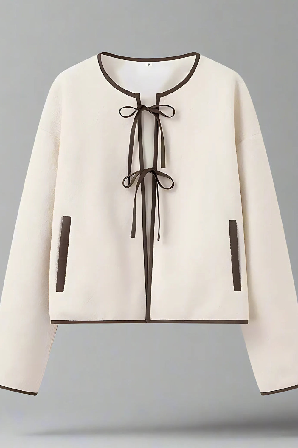 Beige crew neck cardigan with snap button