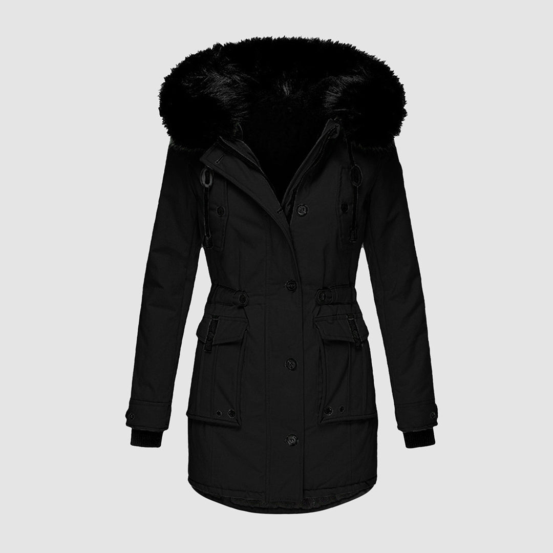 Women's Stylish Black Faux Fur Parka