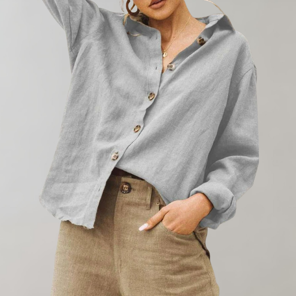 Casual Cotton Shirt for Ladies with Loose Fit and Simple Neckline