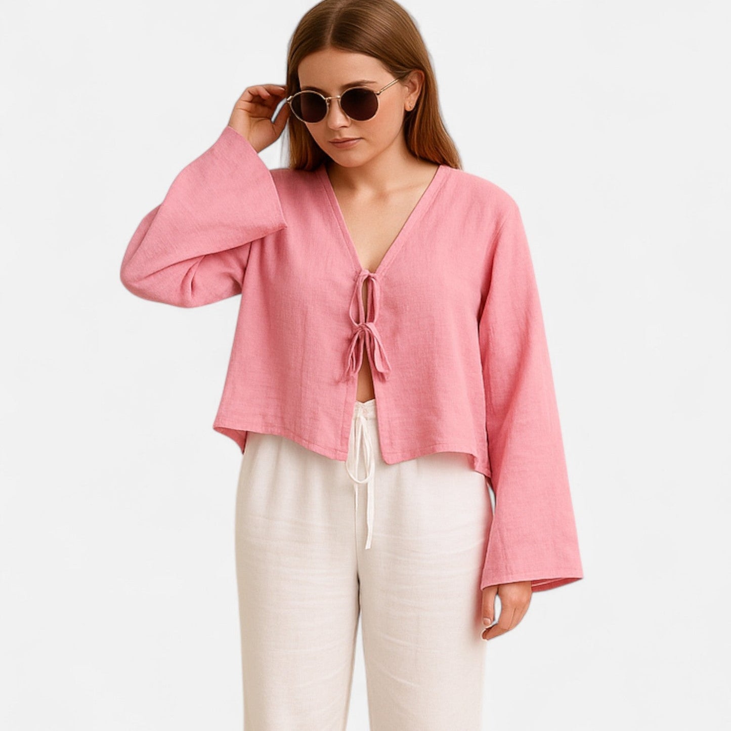Ancient World | Lace Tie Blouse for Women – Delicate Elegance in V-Neck for Spring & Summer