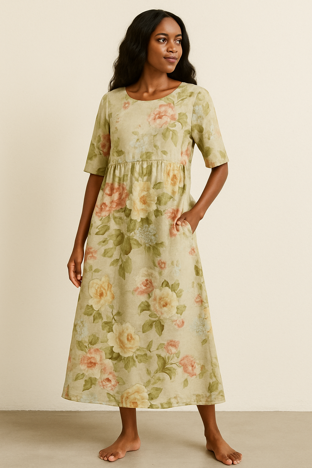 Beige Casual Mid Length Dress