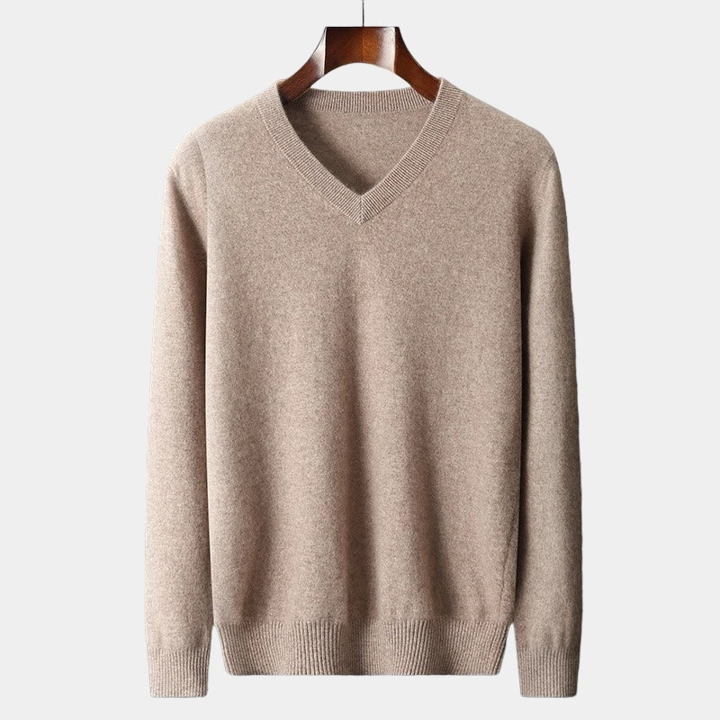 William Men’s Merino Wool V-Neck Jumper – Classic Luxury Knitwear for Autumn/Winter Camel