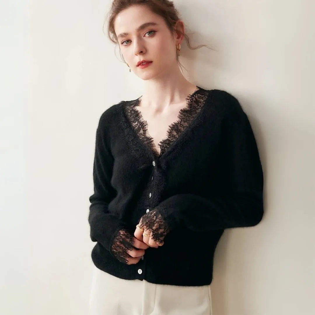 Cashmere cardigan with lace accents