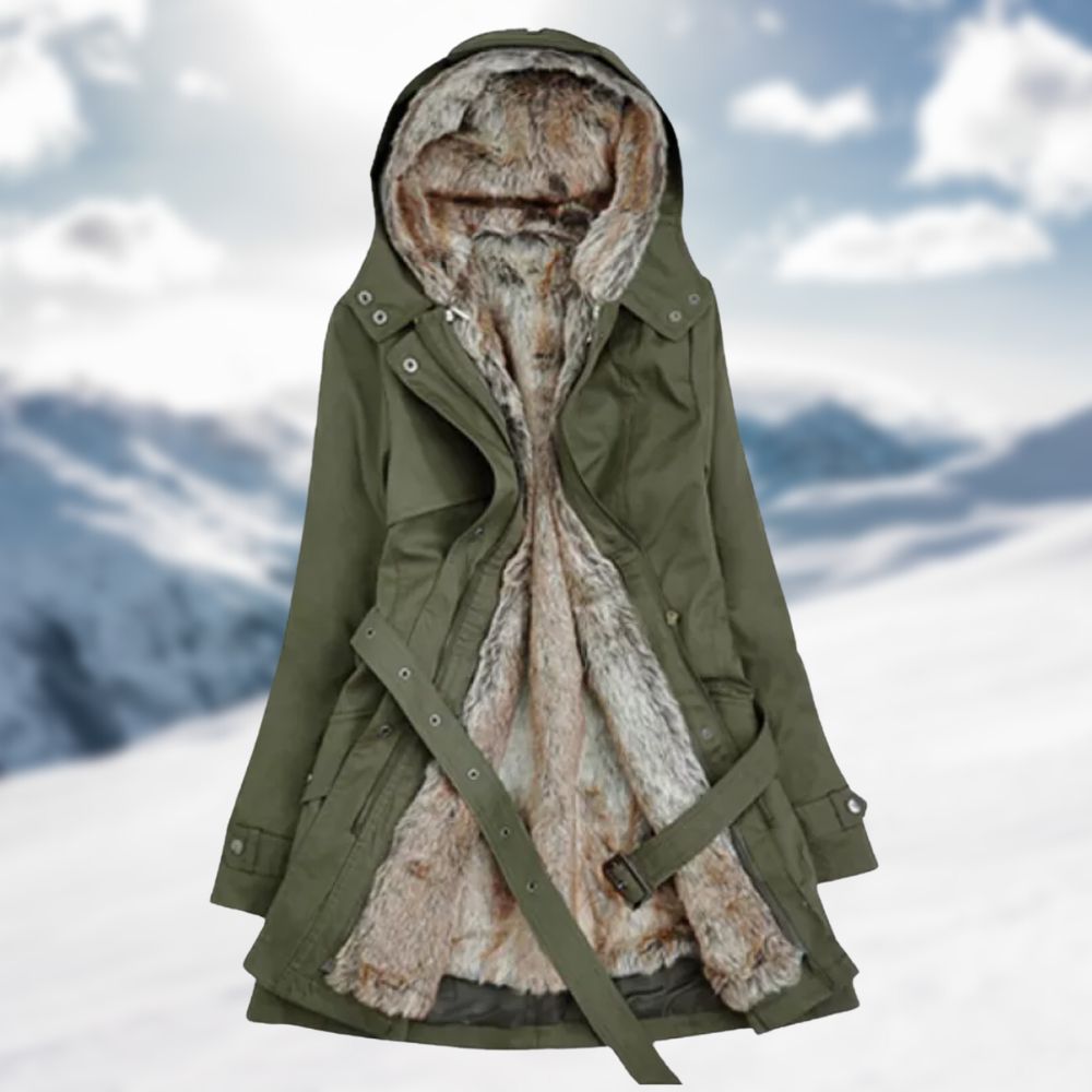 Winter parka with a faux fur lining and a waist belt