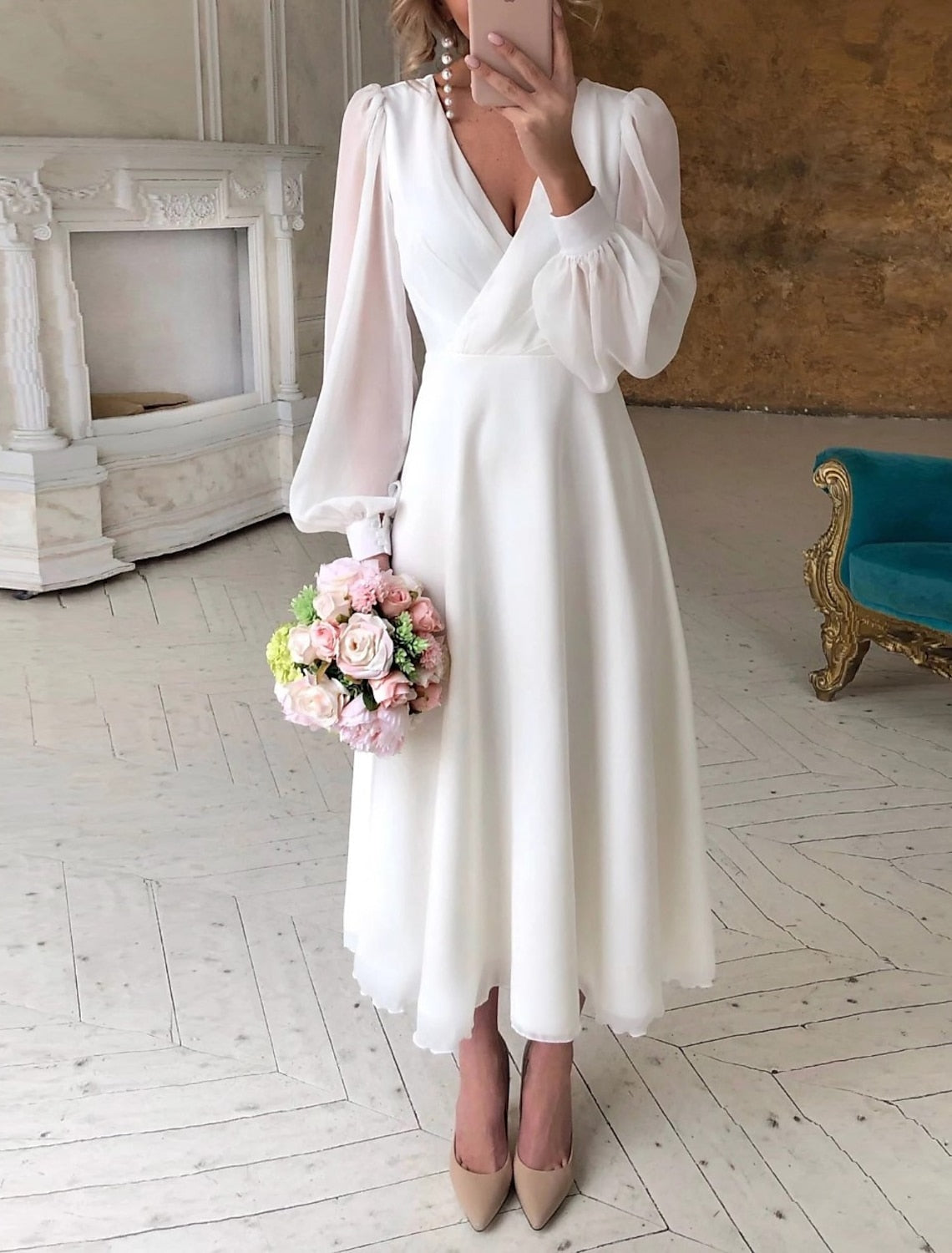 Women's A-line V-neck Wedding Dress | Midi