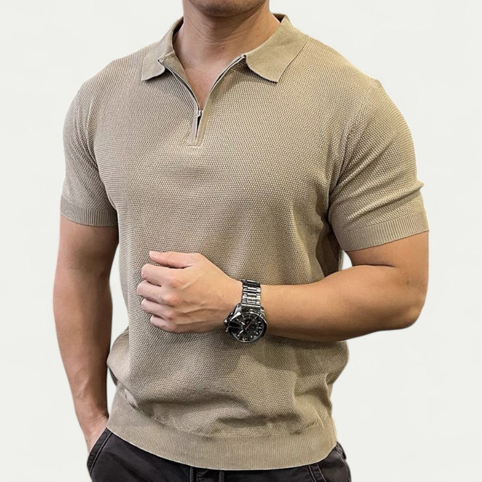 Adrian Knitted Polo Shirt with Zip Collar – Modern Men’s Smart Casual Beige
