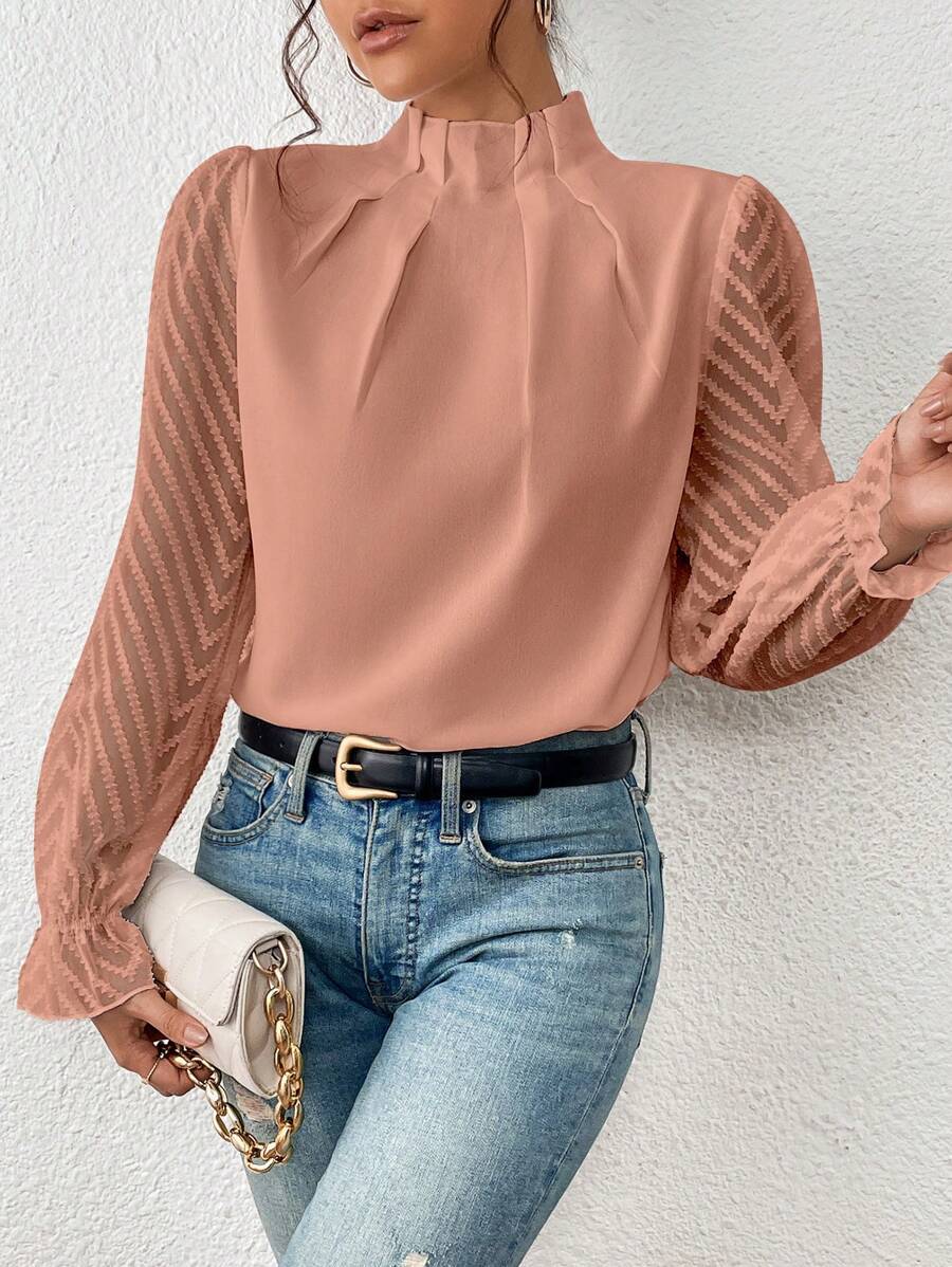 Women's blouse with pleated mesh sleeves | Flared details