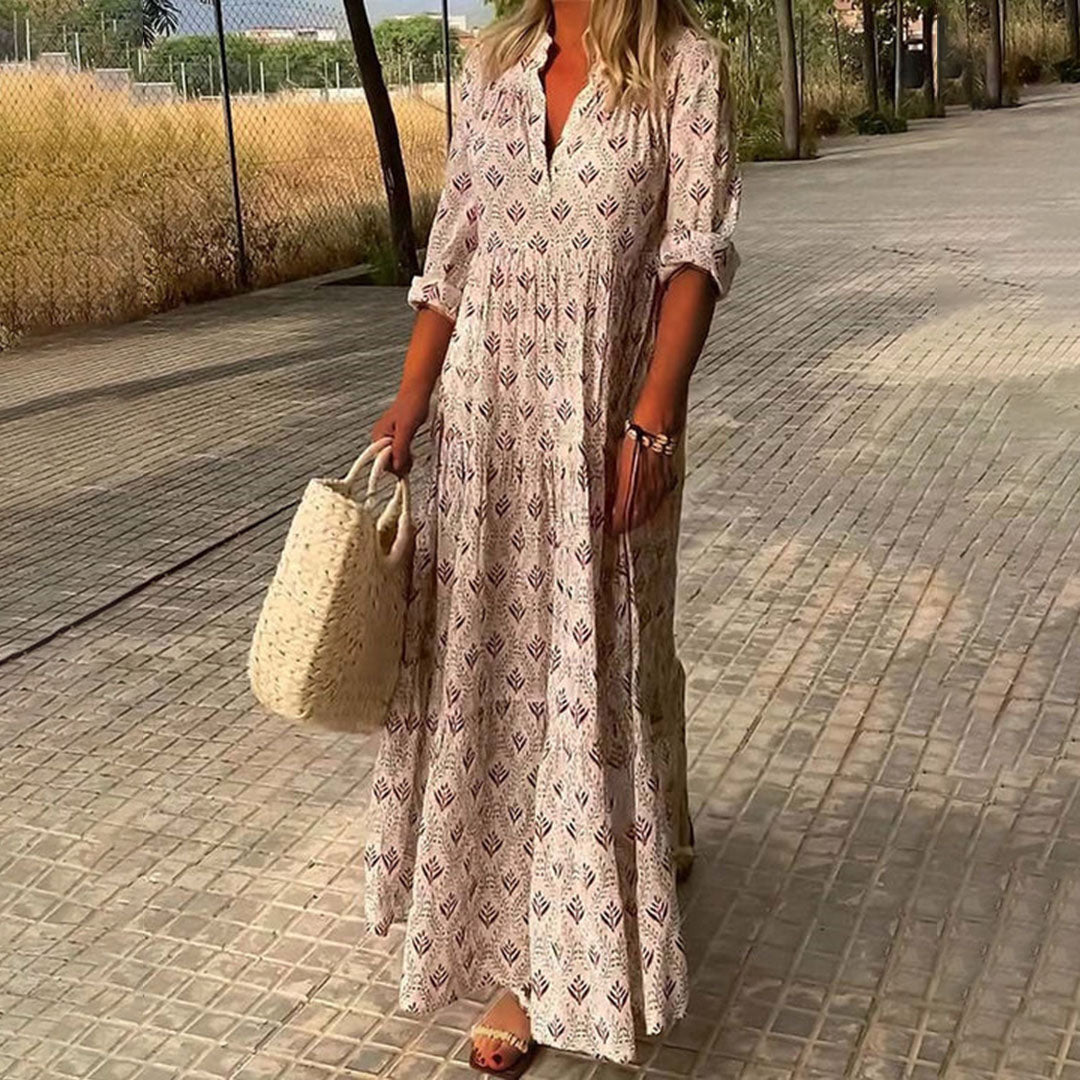 Bohemian Floral Maxi Dress with Long Sleeves