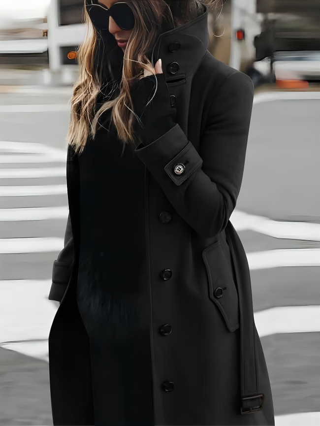 Women's Long Coat with High Collar and Tie-Belt | Stylish