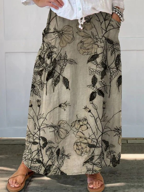 Vintage Floral Print Skirt with Pockets - Olytrend