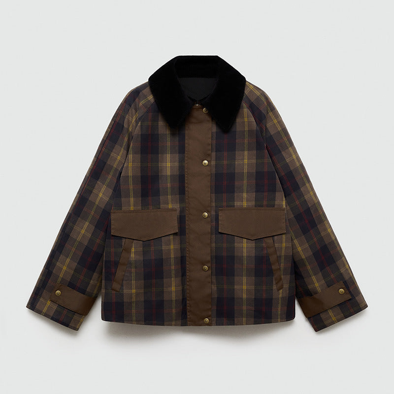Warm Checked Jacket Women with Soft Faux Fur Collar