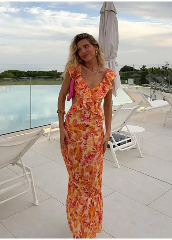 Wafa | Long Bohemian Dress – Floral Patterns and Bright Orange Color