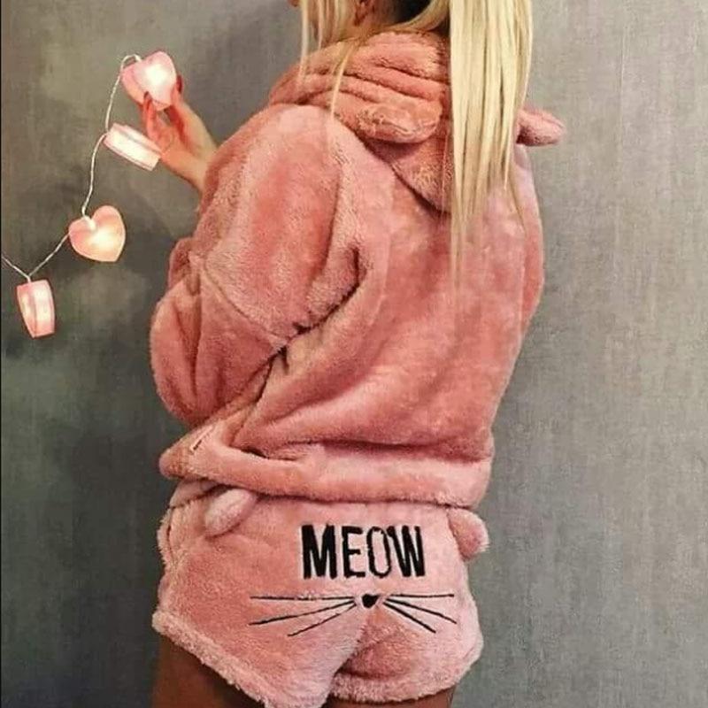 Women's Pajama Set | Hoodie and Shorts with Cat Motif