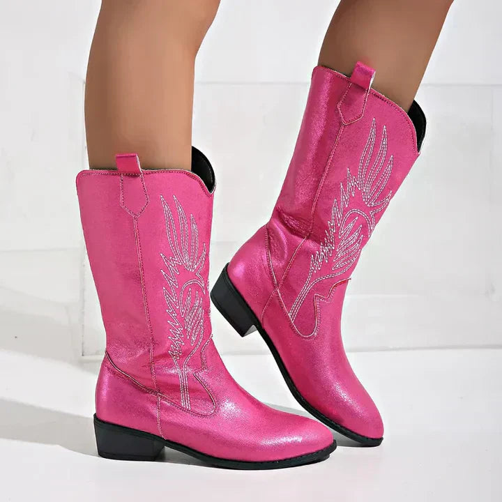 Women's Beige Cowboy Boots with Embroidery and Shine
