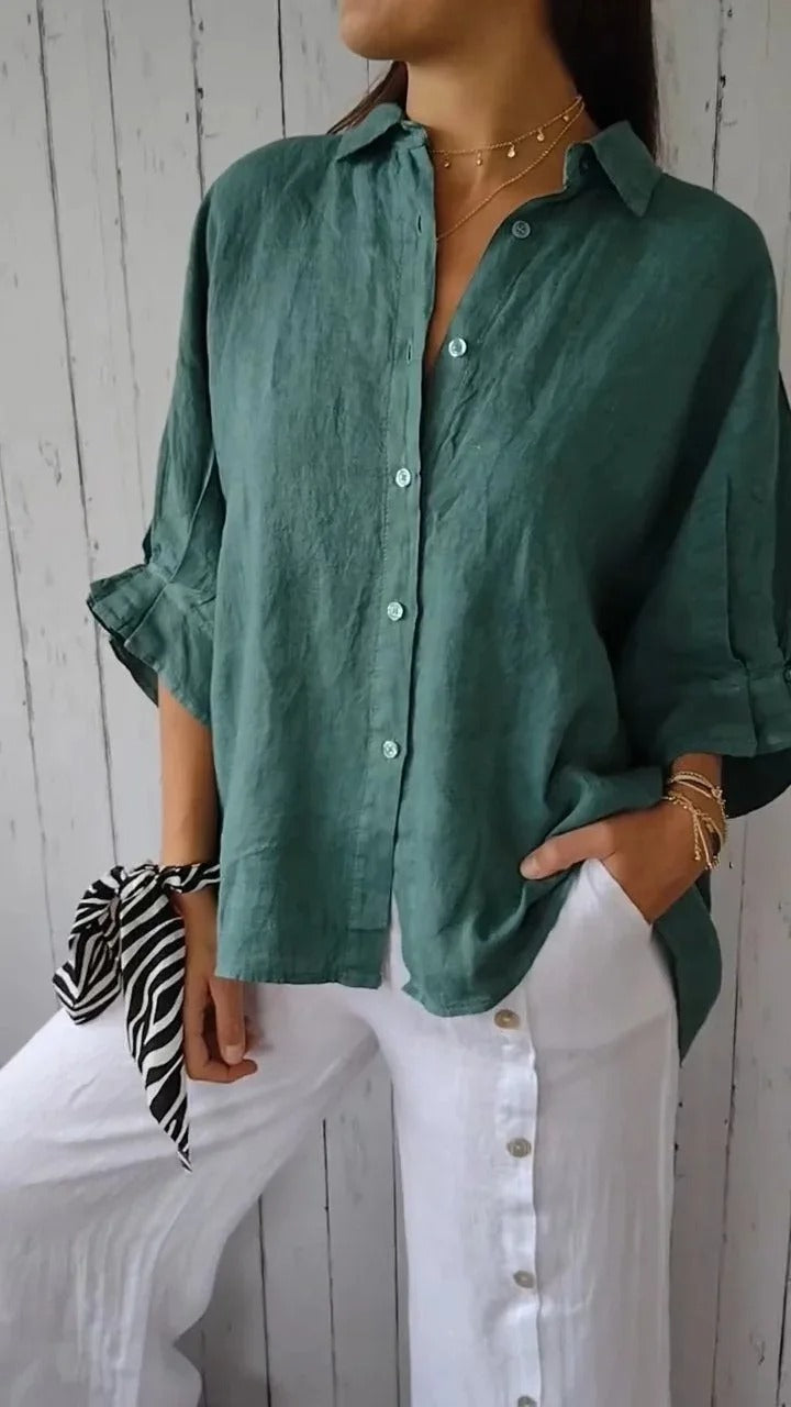 Women's shirt 100% linen long sleeves classic collar fluid cut