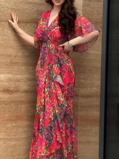 Vintage Print V-Neck Flared Sleeve Dress