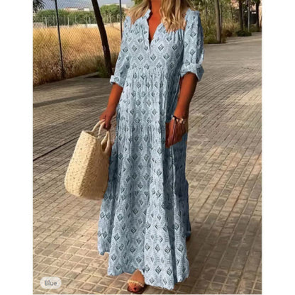 Women's Boho Maxi Dress with Shirt Collar and Pleats – Summer Casual Dress for Vacation & Everyday Use