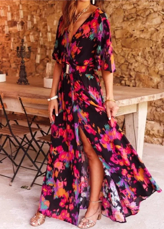 Andrea | Long Floral Dress – Black And Pink For A Romantic Style