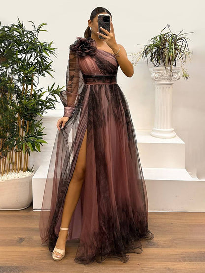 Adeline | Long Printed Dress With Split Tulle Flowers – Elegance And Refinement