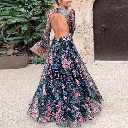 Ariella | Long Floral Dress – Backless and Feminine Look