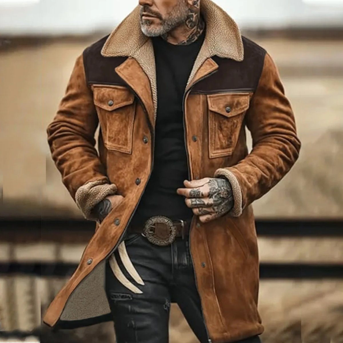 Warm Suede Fleece Lined Mens Winter Coat with Pockets