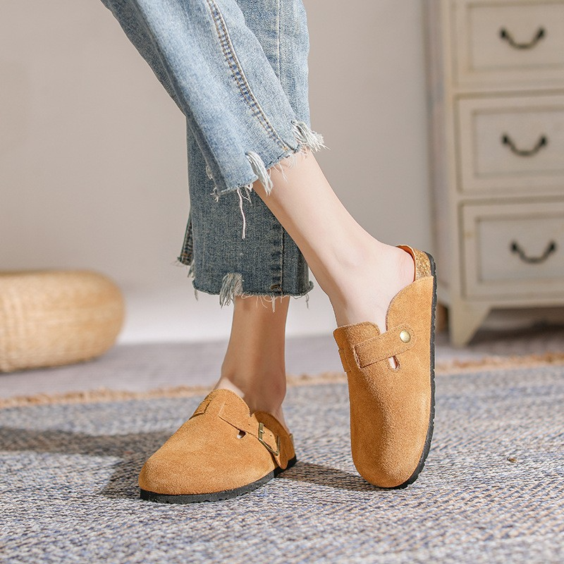 Women's Suede Slides with Closed Toe and Buckle