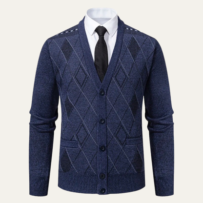Warm Plaid V Neck Men's Fleece Cardigan Sweater