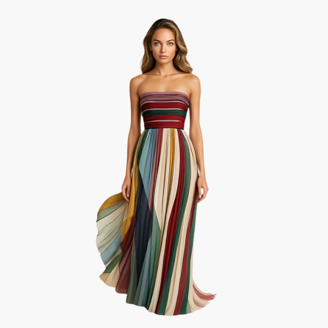 Women's Strapless Summer Dress - Vibrant Multi Color Stripe - Olytrend