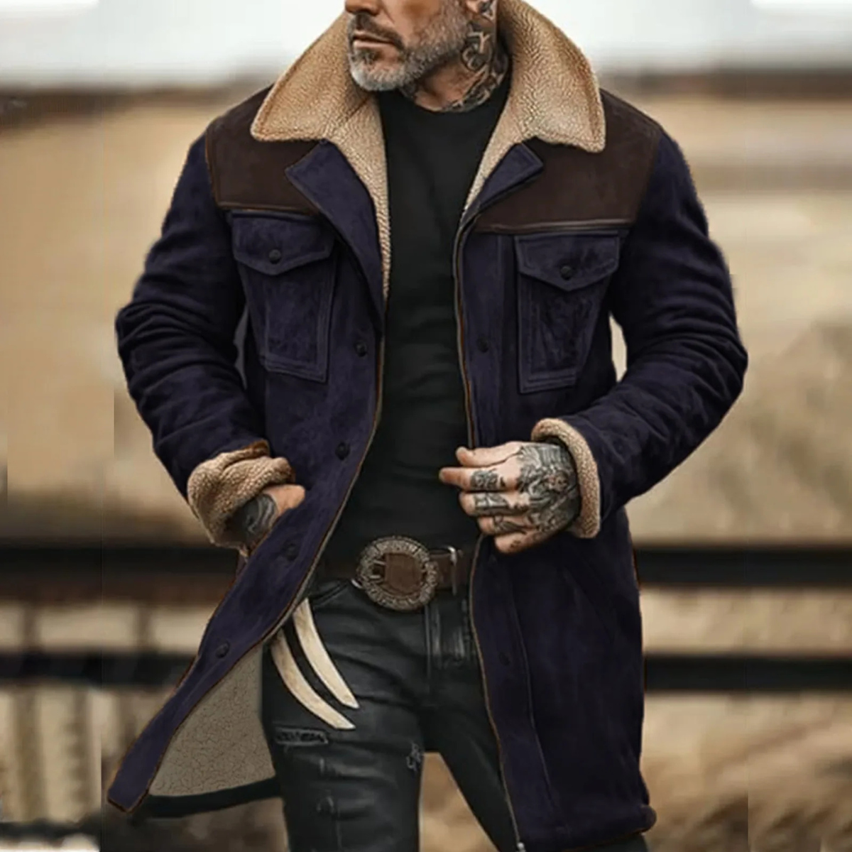 Warm Suede Fleece Lined Mens Winter Coat with Pockets