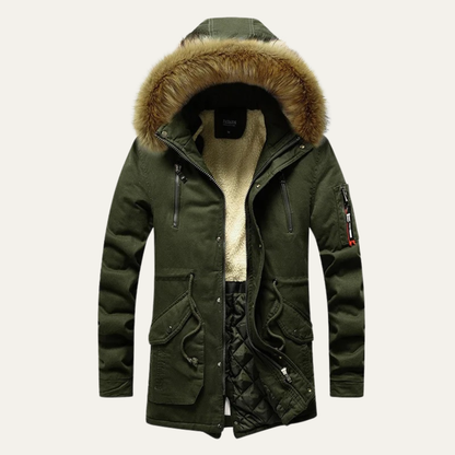 Warm Men's Down Parka Jacket with Faux Fur Hood