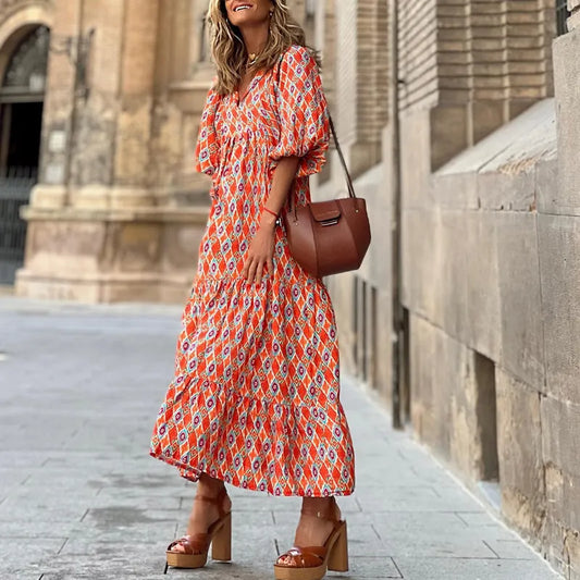 Ava Orange V-Neck Midi Dress
