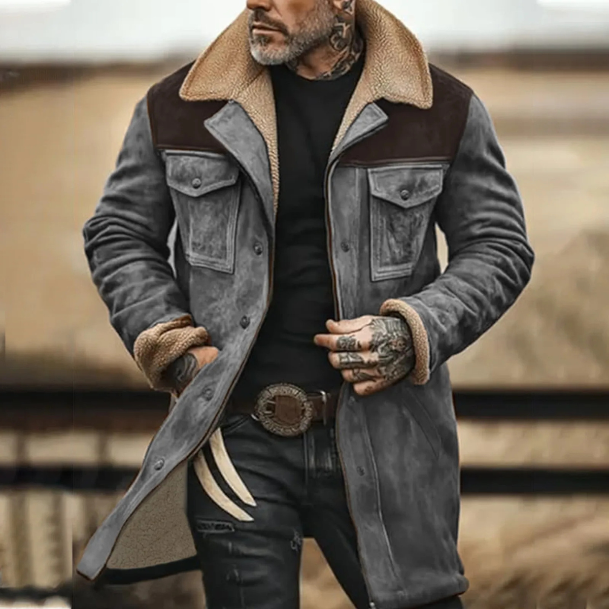 Warm Suede Fleece Lined Mens Winter Coat with Pockets