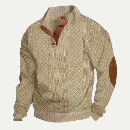 Warm Mens Plaid Fleece Sweater with Leather Elbow Patches