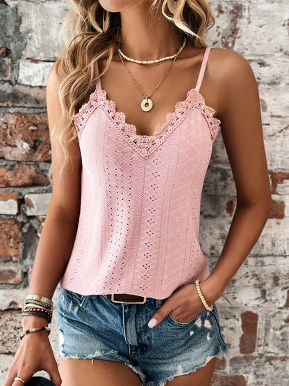 Women's sleeveless summer top with V-neck and lace trim