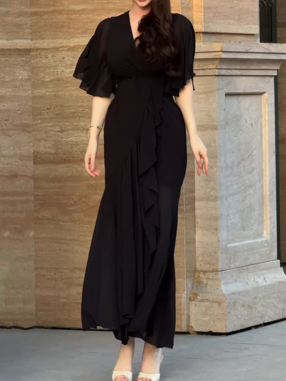 Vintage Print V-Neck Flared Sleeve Dress