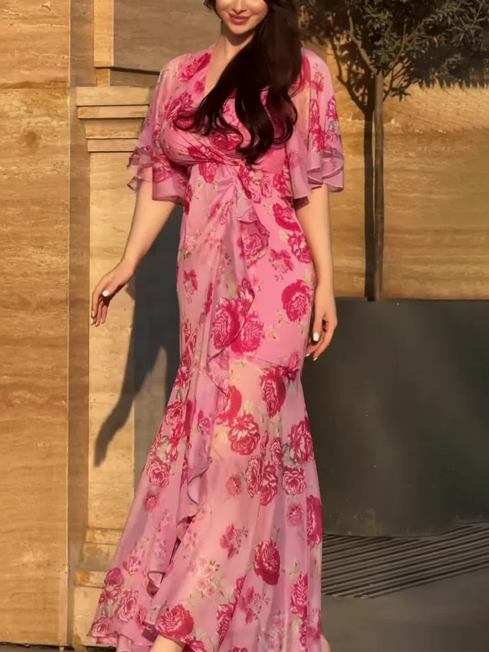 Vintage Print V-Neck Flared Sleeve Dress