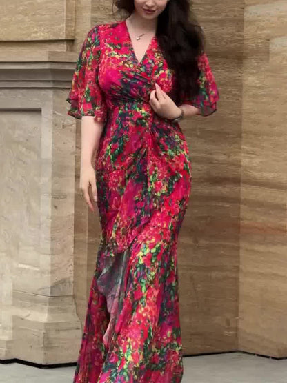 Vintage Chic V Neck Floral Dress