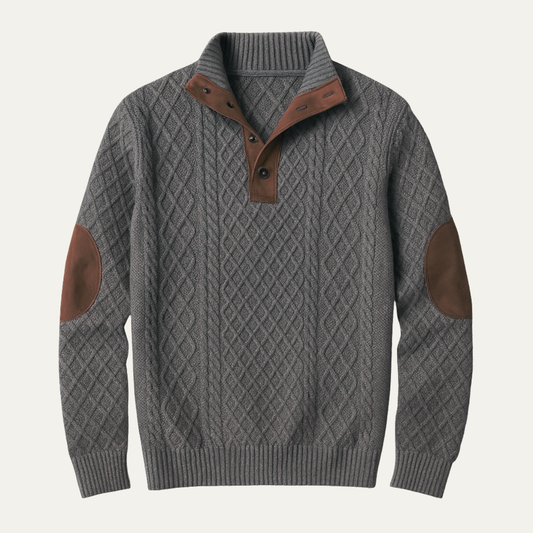 Warm Mens Plaid Fleece Sweater with Leather Elbow Patches - Nocini