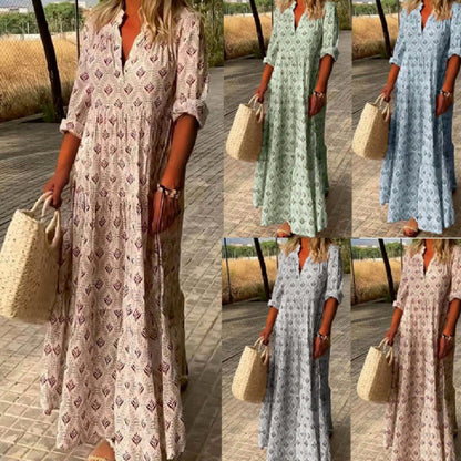 Women's Boho Maxi Dress with Shirt Collar and Pleats – Summer Casual Dress for Vacation & Everyday Use