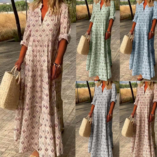 Women's Boho Maxi Dress with Shirt Collar and Pleats – Summer Casual Dress for Vacation & Everyday Use