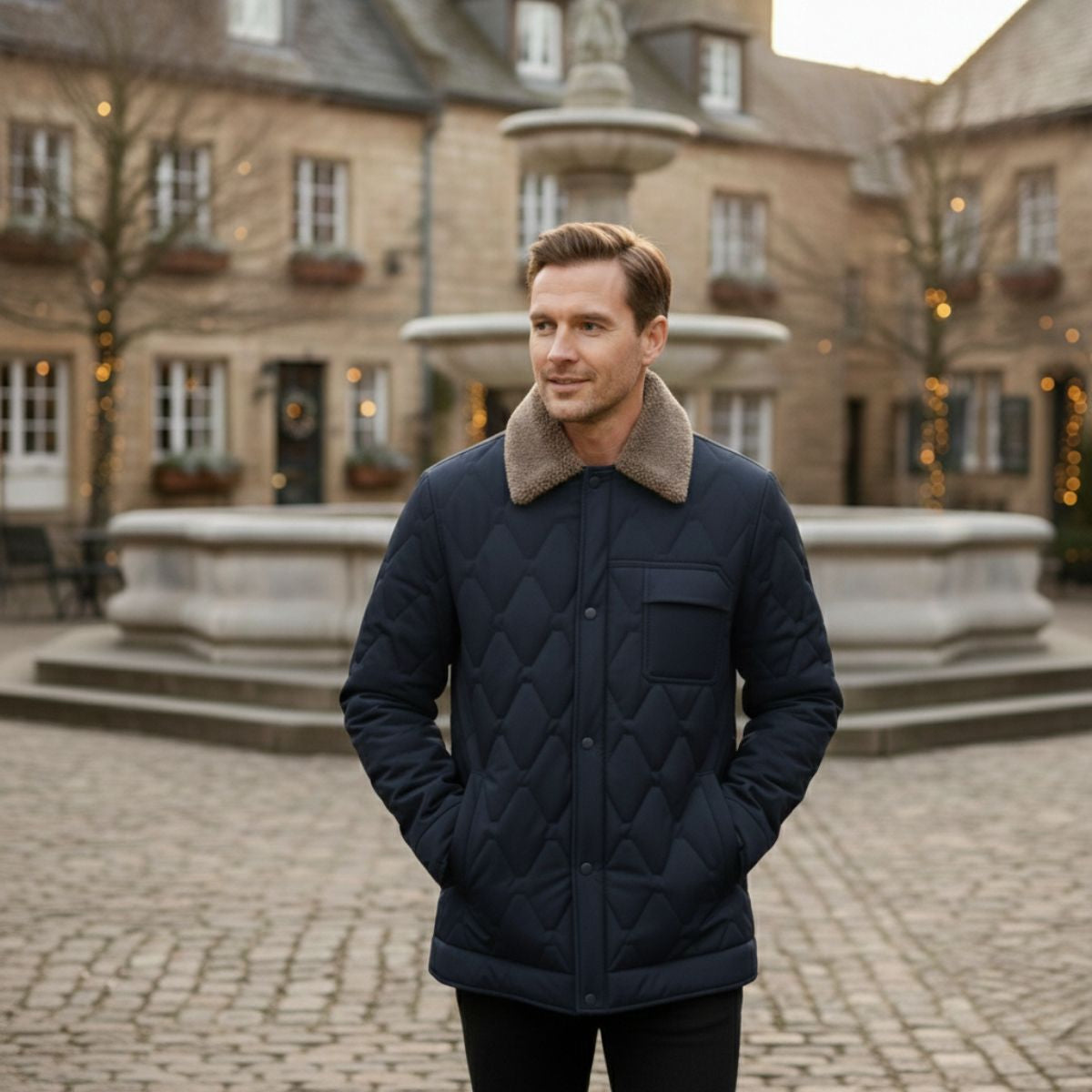 Warm Quilted Mens Winter Parka Coat with Faux Fur Hood