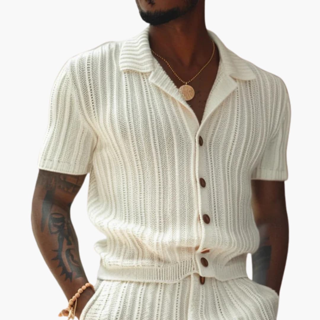 Breathable Knit Polo Shirt and Shorts Set for Men