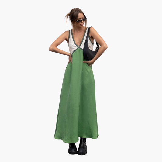 Casual V Neck Long Dress for Women Colorblock Style - Olytrend