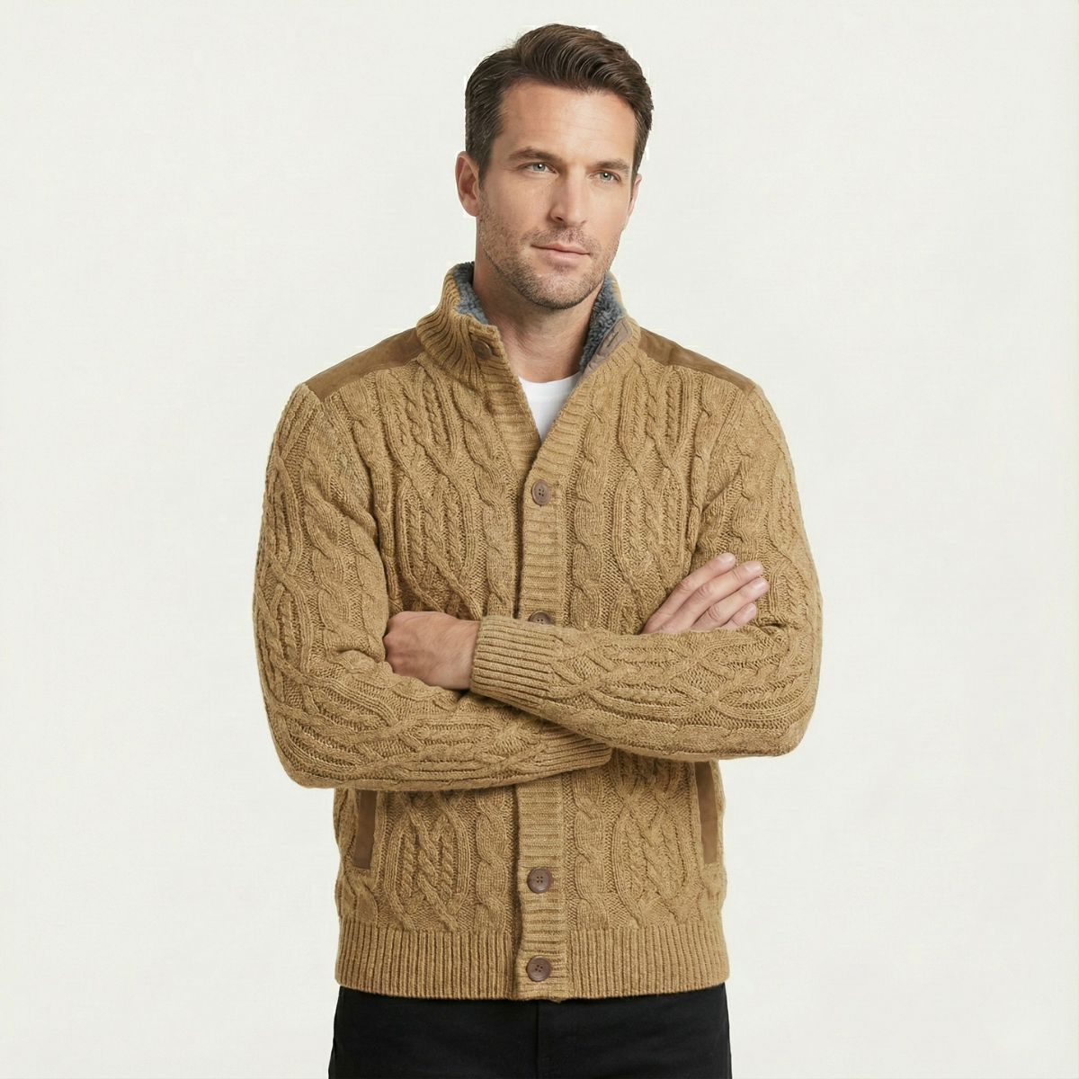 Warm Mens Wool Blend Fleece Lined Cardigan