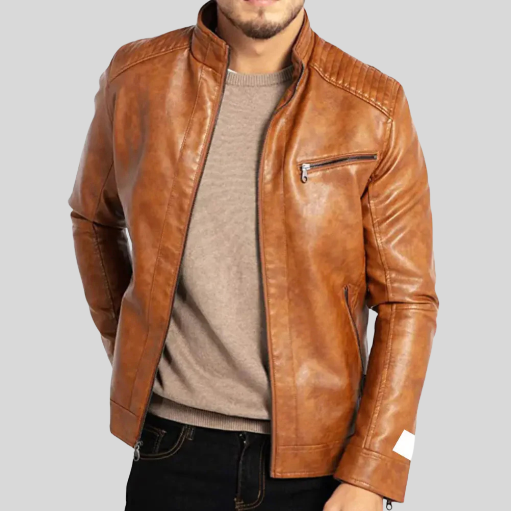 Waterproof Men's Biker Leather Coat - Olytrend